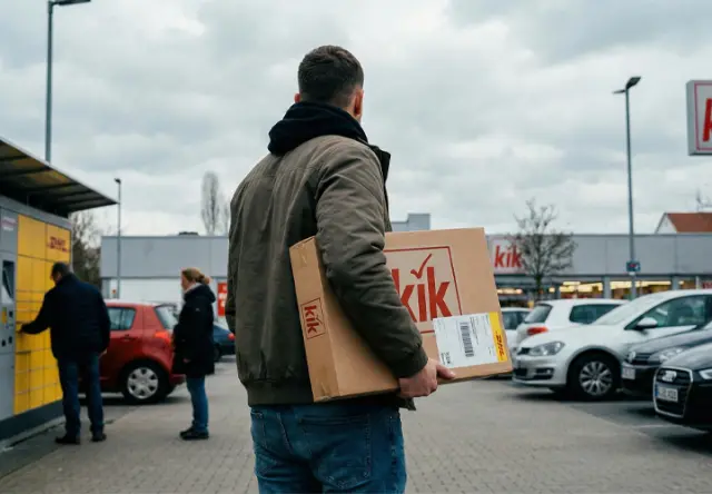 Retourrecht Een man draagt een KiK-pakket voor een KiK-winkel, op de achtergrond zijn geparkeerde auto's en een bewolkte hemel te zien.